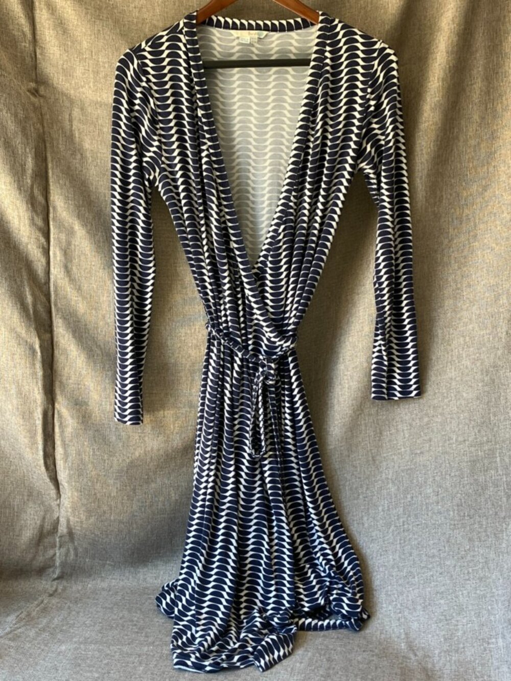 Boden Women’s Size 8L Long Sleeve Wrap Dress Navy White Stretch Jersey